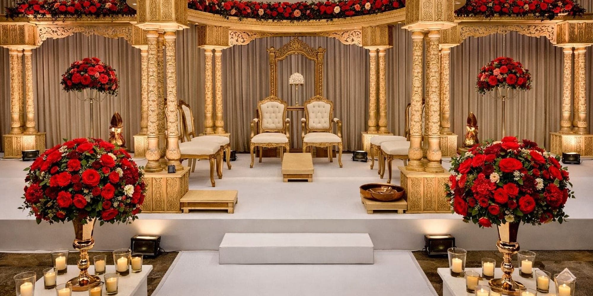 Grand gold pillar mandap with red rose arrangements and cream ceremony chairs