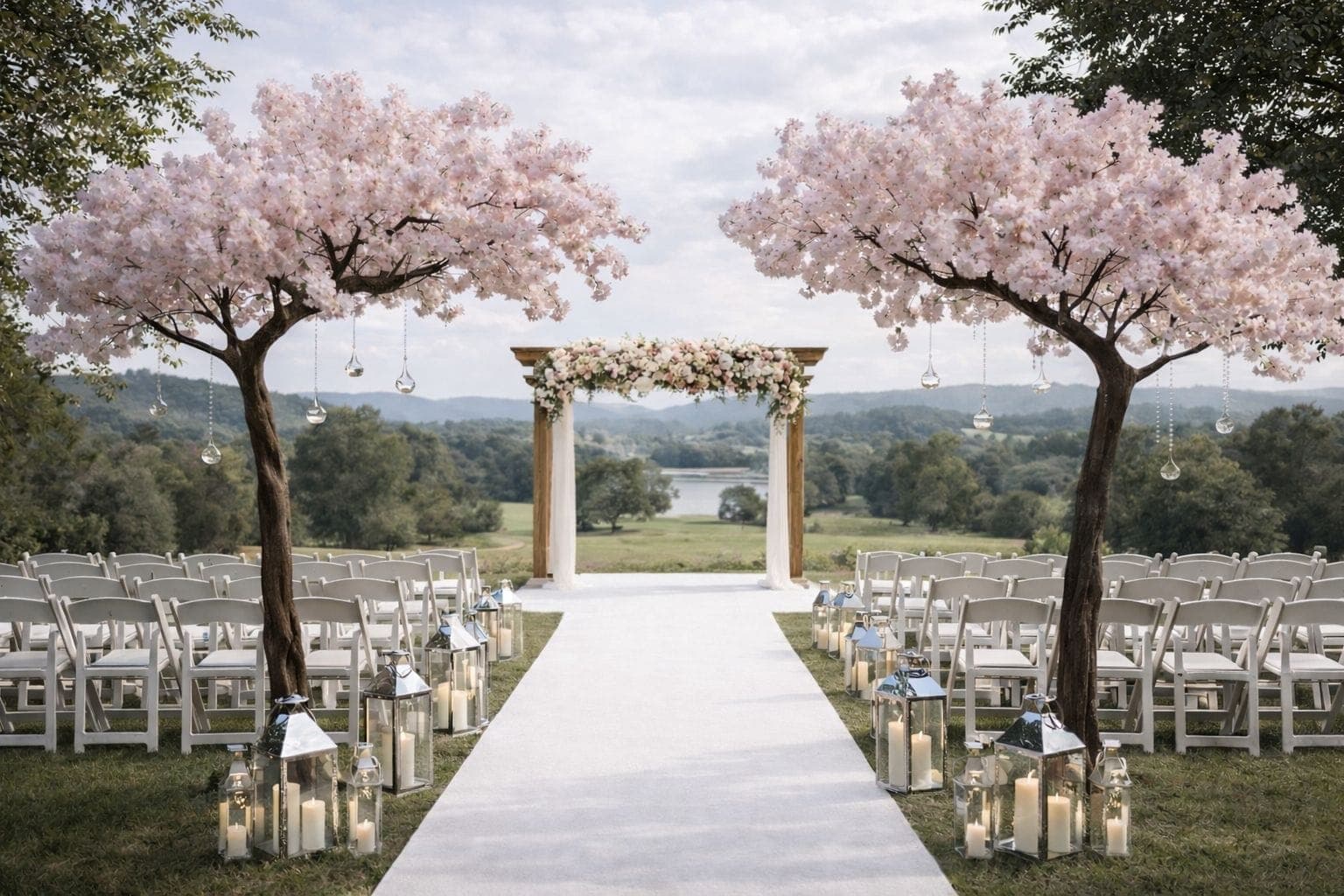 Two pink blossom trees line a white aisle toward a wooden floral frame