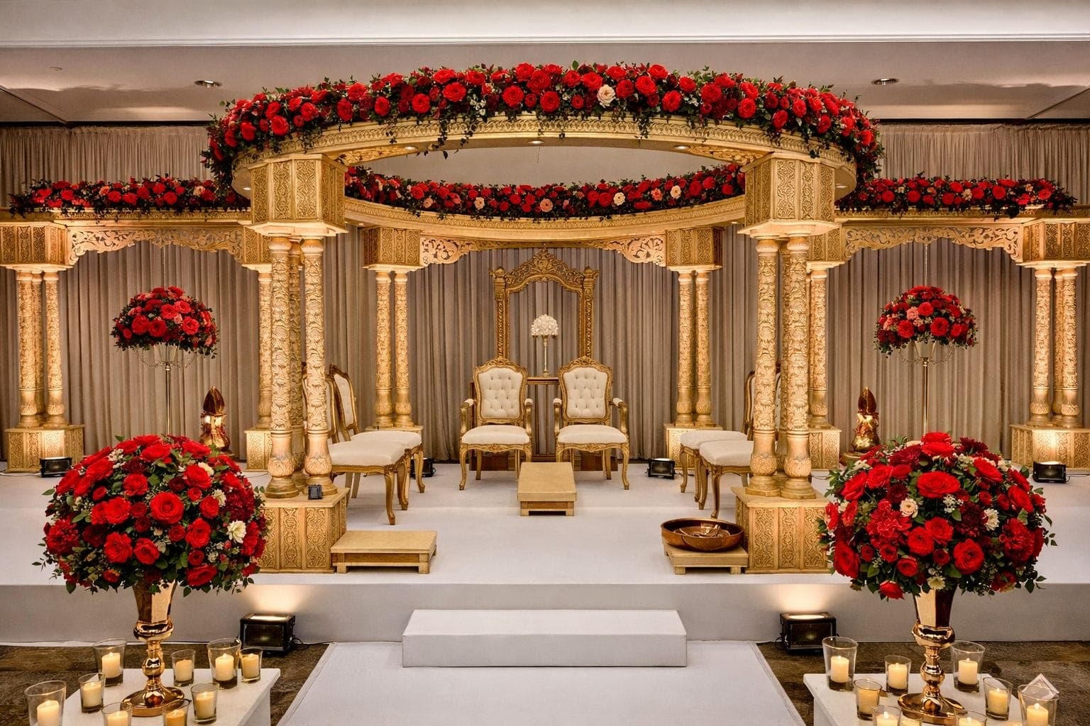 Gold pillared mandap with red rose garlands and tall red rose urns